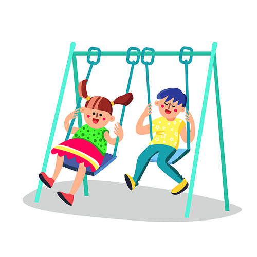 Cute Kids Having Fun On Swing In Playground Vector. Laughing Happy Characters Children Boy And Girl Playtime On Swing. Childhood Recreational Playing Time Color Flat Cartoon Illustration