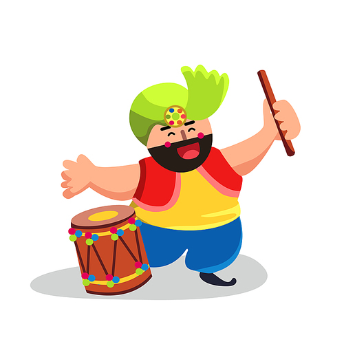 Punjabi Character With Drum Sticks And Dhol Vector. Funny Happy Punjabi Wearing National Traditional Clothes And Turban Dancing And Playing On Musical Instrument. Color Flat Cartoon Illustration