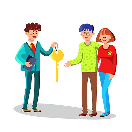Realtor Giving House Key To New Owners Vector. Character Agent Holding Key Meeting With Happy Young Family Married Couple Man And Woman. Buying Estate Realty Flat Cartoon Illustration