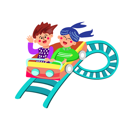 Characters Have Fun Riding Rollercoaster Vector. Boy And Girl Having Happy Laughing And Enjoying Funny Time On Rollercoaster In Amusement Park. Playful Entertainment Flat Cartoon Illustration