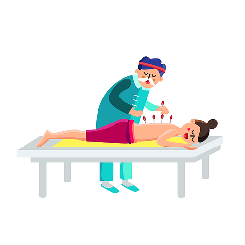 Performing Acupuncture Therapy Vector. Young Woman Receiving Acupuncture Treatment. Man Inject Needle In Girl Back Skin, Alternative Medicine, Relaxation Procedure. Flat Cartoon Illustration
