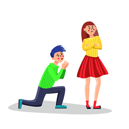Man Asking For Apology To Girl Vector. Candid Boy Standing On Knee Ask For Apology To Offended Young Woman. Boyfriend And Girlfriend Relationship. Flat Cartoon Illustration