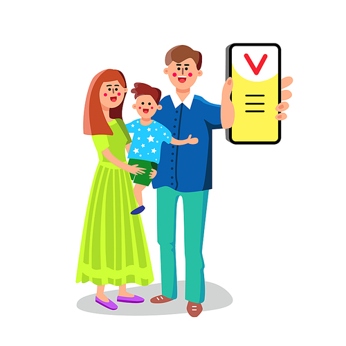 Man With Family Showing Smart Phone App Vector. Happy Characters Mother And Boy Son, Father Show Device Mobile App. Electronic Communication Gadget Application Flat Cartoon Illustration