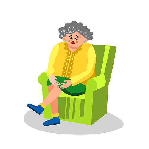 Elderly Woman With Arthritis Sit In Chair Vector. Sad Mature Lady Suffering From Painful Knee Joint Seated In Armchair. Disease And Problem With Health, Leg Pain Flat Cartoon Illustration