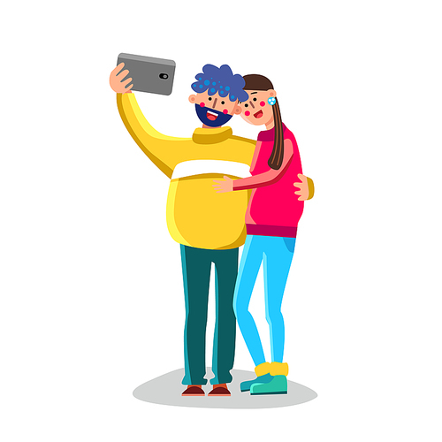 Couple Make Selfie Photo On Smartphone Vector. Smiling Happy Characters Man And Woman Male Photography On Mobile Phone Camera Gadget. Person Photographing Flat Cartoon Illustration