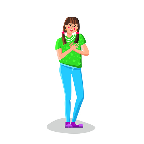 Honest Young Woman Keep Palms On Heart Vector. Character Honest Adorable Girl With Friendly Smile, Expresses Sincere Emotions, Being Kind Hearted. Body Language Flat Cartoon Illustration