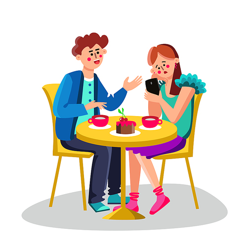 Young Woman With Smartphone Ignore Man Vector. Character Girlfriend Ignore Boyfriend And Sitting On Chair, Boy Try Talking With Girl. Drink Cups And Cherry Cake. Cafe Flat Cartoon Illustration