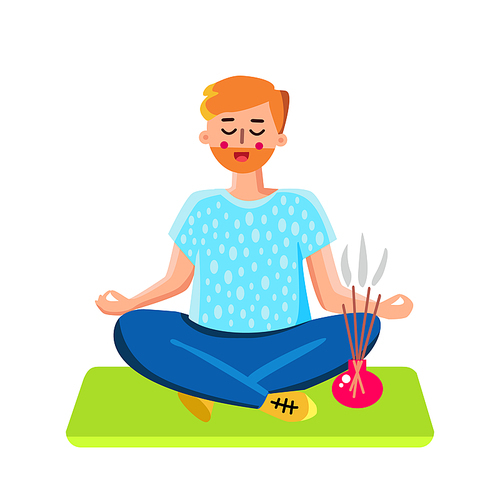 Meditating Man And Burning Aromatic Incense Vector. Character Boy With Closed Eyes Sitting On Yoga Mat Carpet In Lotus Position And Burn Incense. Spirutality Exercising Flat Cartoon Illustration
