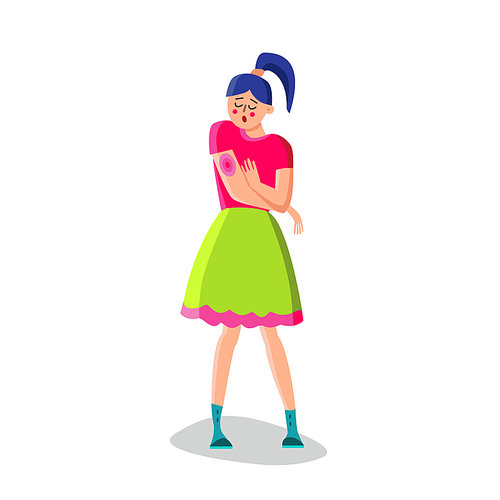Young Woman With Rash On Hand Vector. Sad Girl With Allergic Rash On Arm. Dermatology Red Skin Disease Itch Cause Due To Allergies To Creams Or Air Flat Cartoon Illustration