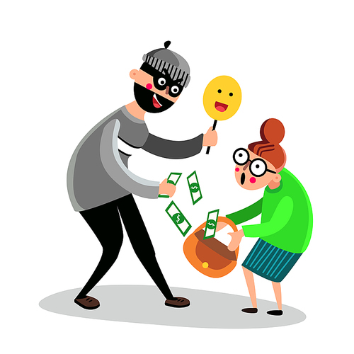 Criminal Man Scam Older Woman Vector. Bandit Thief Holding Smile Scam Money Scared Elderly Senior Person, Robber And Old Lady. Fraud And Robbery Crime Flat Cartoon Illustration