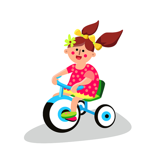Little Toddler Girl Riding Tricycle Bike Vector. Character Happy Smiling Small Child With Flower In Brunette Hair And Pigtails Ride Tricycle Childhood Transport. Flat Cartoon Illustration