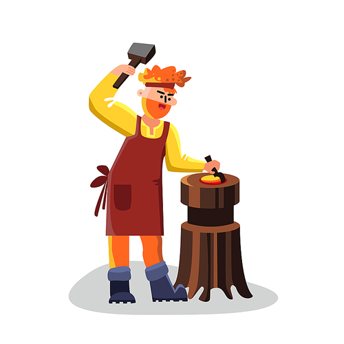 Blacksmith Worker With Hammer Forge Iron Vector. Blacksmith Strong Man With Industrial Instrument Equipment And Anvil. Heavy Work Smith Farrier Character With Industry Tool Flat Cartoon Illustration
