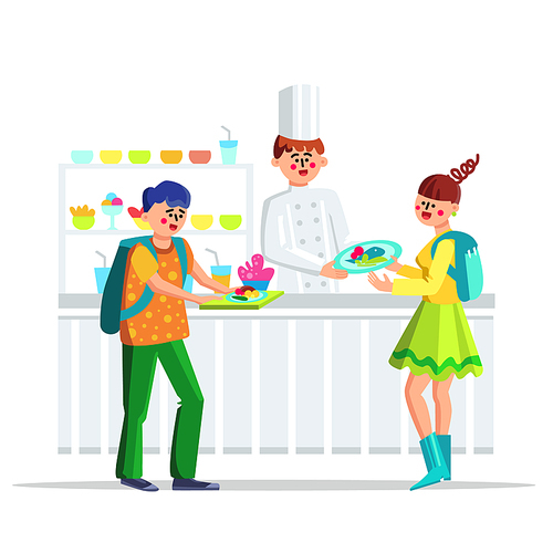 Children Lunch In School Canteen Cafeteria Vector. Happy Smiling Teenagers Students Or Pupils With Dish And Cooker In Canteen Dining Hall. Food Snack Characters Flat Cartoon Illustration