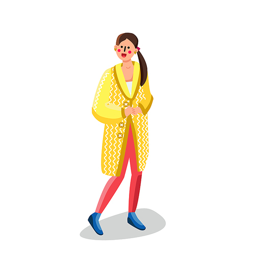 Woman Wearing Knitted Cardigan Clothes Vector. Smiling Happy Young Caucasian Girl Wear Fashionable Cardigan. Character Lady In Stylish Glamor Wool Sweater Garment Flat Cartoon Illustration