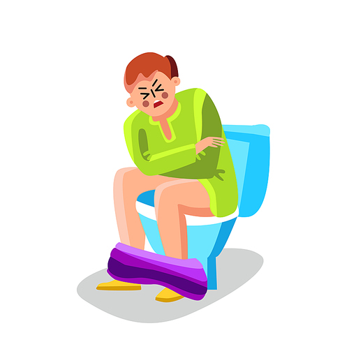 Man With Diarrhea Painful Sitting Toilet Vector. Stress Young Caucasian Guy With Diarrhea Stomach Ache Or Constipation Symptom. Character Health Problem, Disease Flat Cartoon Illustration
