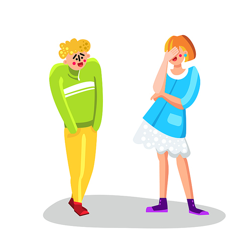 Embarrassed Man And Laughing Young Girl Vector. Embarrassed Smiling Boy Holding Hands In Pockets And Laughter Woman Covering Face With Palm. Characters Expression Flat Cartoon Illustration