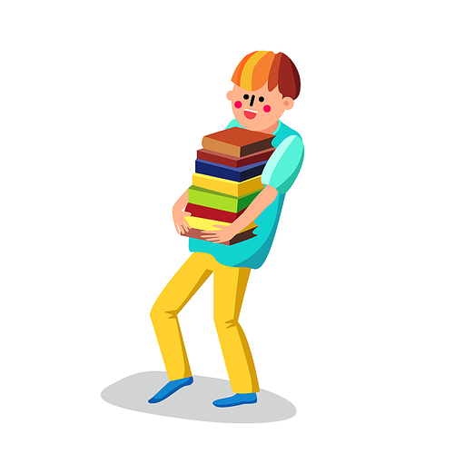 Literacy Boy Student Carries Bunch Of Books Vector. Smiling Happy Literacy Teenager Carrying Education And Reading Literature. Character Pupil With Study Library Flat Cartoon Illustration