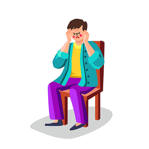 Man With Migraine Head Ache Sitting On Seat Vector. Unhappy Depression Adult Guy With Headache Desperate And Stressed Pain And Migraine Sit On Chair. Character Disease Flat Cartoon Illustration