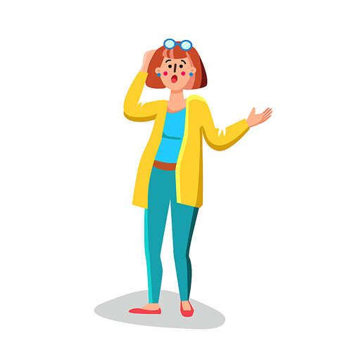 Scary Woman Hold Head Unexpected Situation Vector. Surprised And Unexpected Expression Young Lady Wear Glasses. Character Girl Shocked With Surprise Emotion Flat Cartoon Illustration