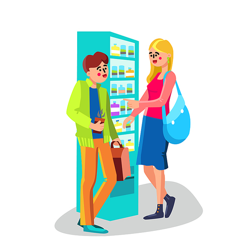 Man And Woman Talking Near Vending Machine Vector. Smiling Boy With Coffee Cup And Bag Communicate With Young Beautiful Girl Near Vending Appliance. Characters Flat Cartoon Illustration