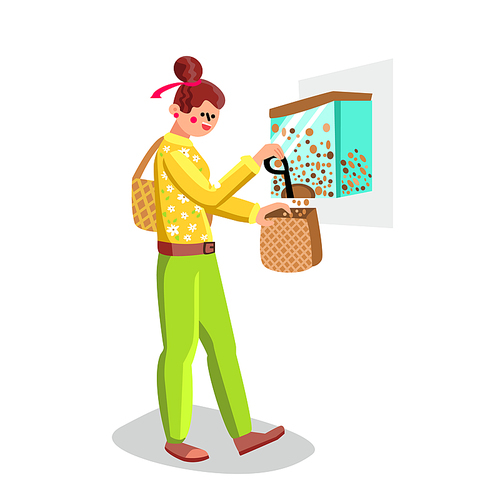 Woman Filling Flakes In Zero Waste Bag Vector. Smiling Happy Girl Fill Product In Zero Waste Package. Shop Box With Nutrition. Character Shopping In Bulk Food Store Flat Cartoon Illustration
