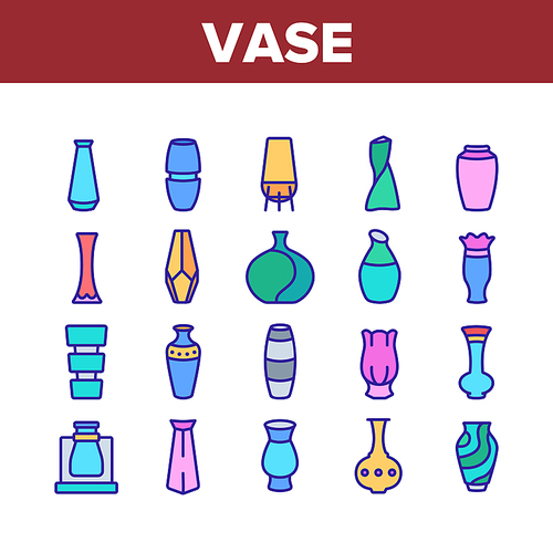 Vase Flowers Decorative Dishware Icons Set Vector. Antique And Modern Vase In Different Form, Accessory For Aromatic Plant Concept Linear Pictograms. Color Contour Illustrations