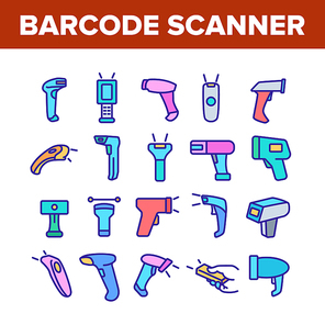 Barcode Scanner Device Collection Icons Set Vector. Scanner Electronic Equipment For Scanning And Reading Product Special Bar Code Concept Linear Pictograms. Color Illustrations