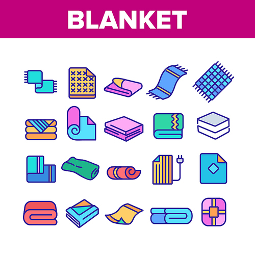 Blanket And Towel Collection Icons Set Vector. Electronic Blanket With Heating, Fabric Bathroom Accessory, Twisted Plaid Concept Linear Pictograms. Color Illustrations