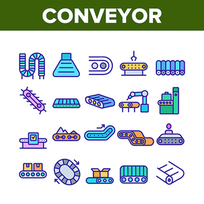 Conveyor Factory Tool Collection Icons Set Vector. Conveyor Plant Industrial Equipment For Transportation And Distribution Product Concept Linear Pictograms. Color Illustrations
