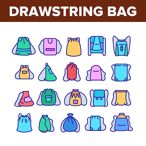 Drawstring Bag Travel Accessory Icons Set Vector. Textile Drawstring Bag, Touristic Backpack With Strings, Fabric Sport Sack Concept Linear Pictograms. Color Illustrations