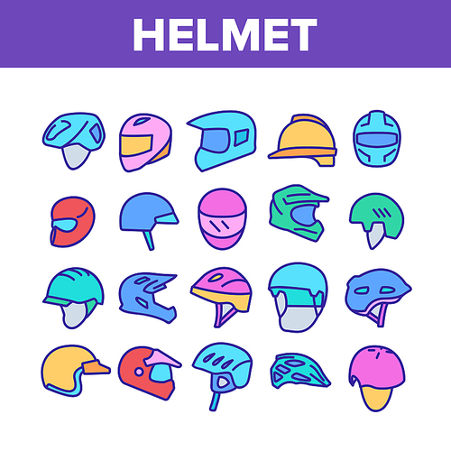 Helmet Rider Accessory Collection Icons Set Vector. Helmet Head Protection For Biker, Motorcyclist And Cyclist In Different Design Concept Linear Pictograms. Color Illustrations