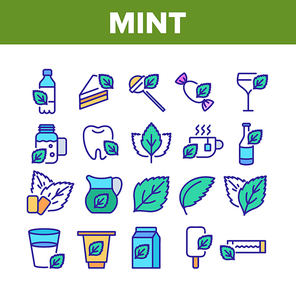 Mint Refreshing Leaf Collection Icons Set Vector. Mint Drink And And Cake, Ice Cream And Bubble Gum, Tea And Cocktail, Candy And Water Concept Linear Pictograms. Color Illustrations