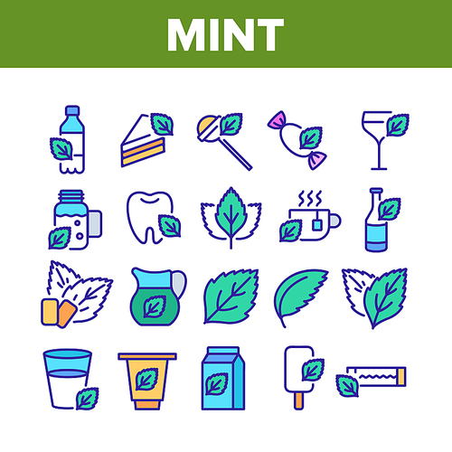 Mint Refreshing Leaf Collection Icons Set Vector. Mint Drink And And Cake, Ice Cream And Bubble Gum, Tea And Cocktail, Candy And Water Concept Linear Pictograms. Color Illustrations