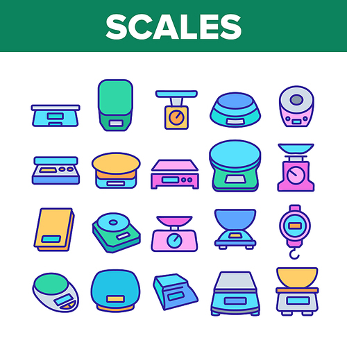 Scales Measuring Tool Collection Icons Set Vector. Domestic Kitchen Scales, Mechanical And Electronic Measurement Equipment For Weigh Concept Linear Pictograms. Color Illustrations