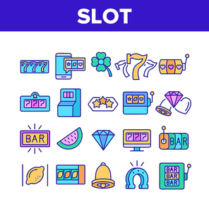 Slot Casino Machine Collection Icons Set Vector. Seven And Heart, Bar And Diamond, Bell And Lemon, Star And Watermelon Slot Of Gambling Tool Concept Linear Pictograms. Color Illustrations