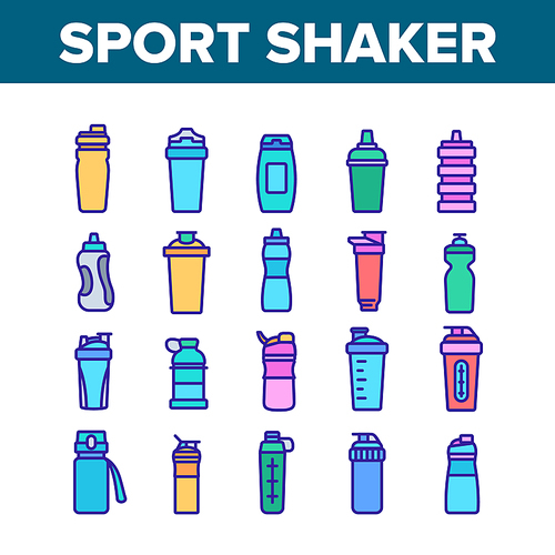 Sport Shaker Tool Collection Icons Set Vector. Sport Shaker Cup In Different Design, Sportsman Equipment For Drink Fitness Cocktail Concept Linear Pictograms. Color Illustrations