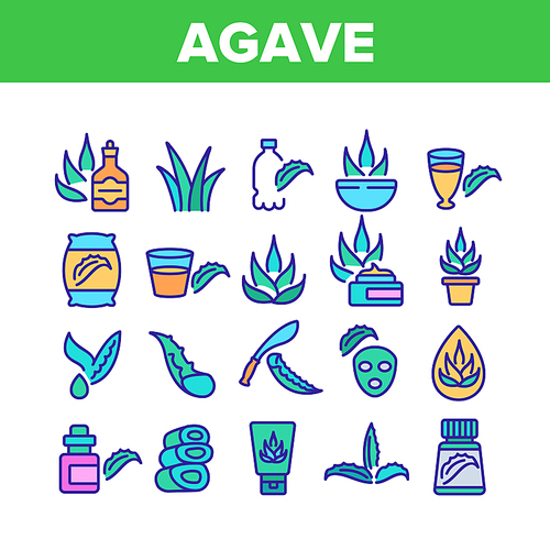 Agave Aloe Vera Plant Collection Icons Set Vector. Agave Natural Herb For Facial Mask Cosmetic And Cream, Drink Cup And Bottle Concept Linear Pictograms. Color Illustrations
