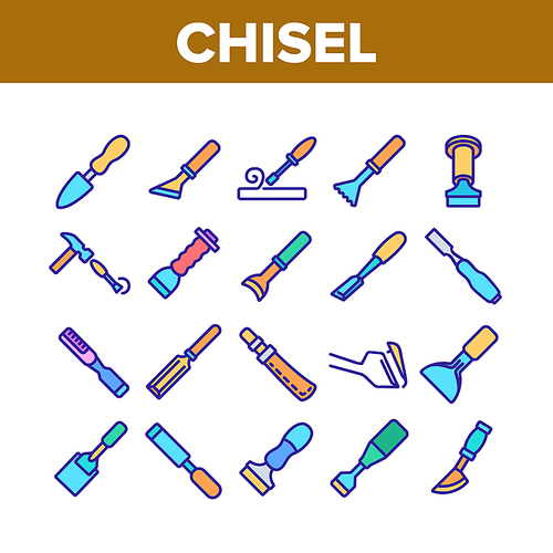 Chisel Carpentry Tool Collection Icons Set Vector. Sharp Steel Chisel With Hammer, Carpenter Instrument, Workshop Equipment Concept Linear Pictograms. Color Illustrations