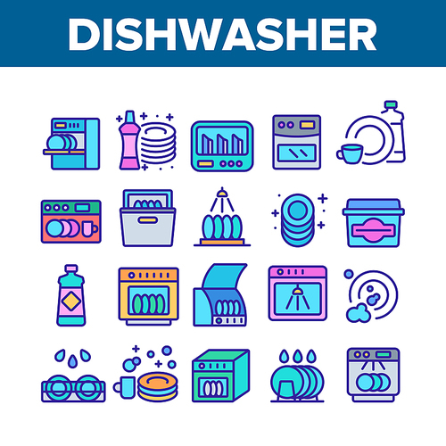 Dishwasher Utensil Collection Icons Set Vector. Dishwasher Equipment And Cleaning Liquid Bottle For Wash Dishware Cup And Plate Concept Linear Pictograms. Color Illustrations