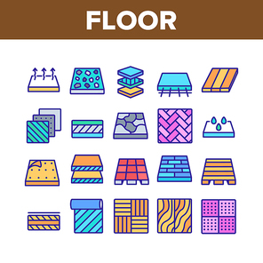 Floor And Material Collection Icons Set Vector. Parquet And Carpet, Laminate And Marble, Linoleum Roll And Waterproof Floor Concept Linear Pictograms. Color Illustrations
