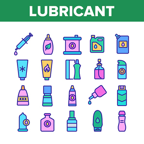Lubricant Container Collection Icons Set Vector. Lubricant Liquid , Oil And Cream Tube And Bottle, Spray And Flask, For Condom And Car Motor Concept Linear Pictograms. Color Illustrations