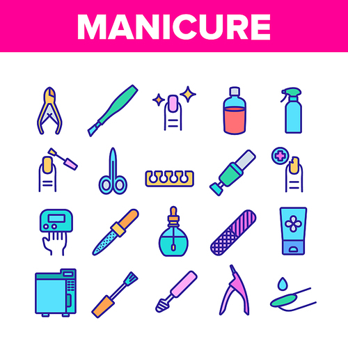 Manicure And Pedicure Equipment Icons Set Vector. Manicure Tool, Nail Polish And Scissors, Cream And Tweezers, Rasp And Cuticle Nipper Concept Linear Pictograms. Color Illustrations