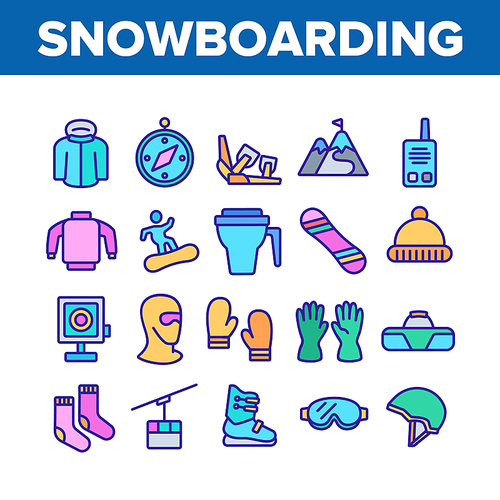 Snowboarding Equipment Collection Icons Set Vector. Mask And Snowboard, Shoes And Helmet, Gloves And Cup Snowboarding Accessory Concept Linear Pictograms. Color Illustrations