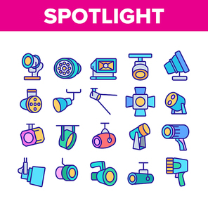 Spotlight Lamp Tool Collection Icons Set Vector. Scene Spotlight Projector Lighting Equipment, Flashlight And Searchlight Concept Linear Pictograms. Color Illustrations
