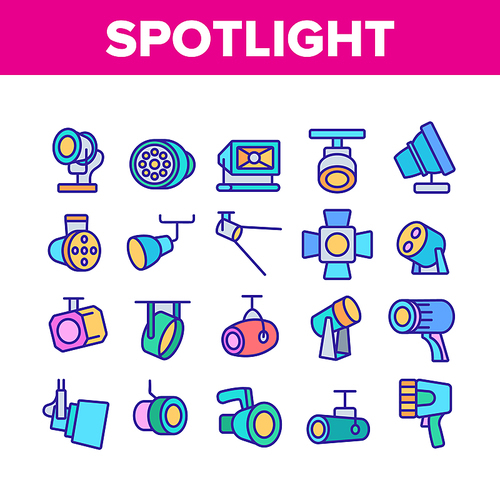 Spotlight Lamp Tool Collection Icons Set Vector. Scene Spotlight Projector Lighting Equipment, Flashlight And Searchlight Concept Linear Pictograms. Color Illustrations