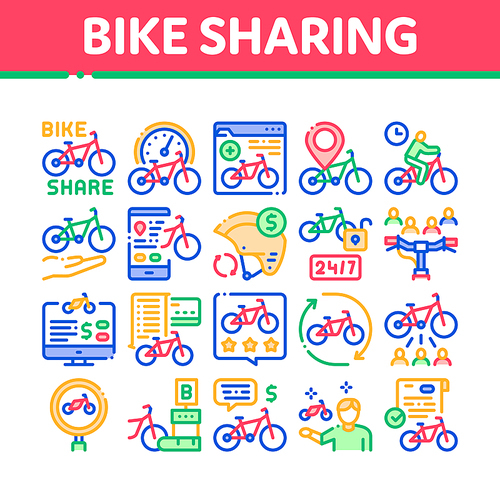 Bike Sharing Business Collection Icons Set Vector. Bike Share Deal And Agreement, Web Site And Phone Application, Helmet And Bicycle Parking Concept Linear Pictograms. Color Illustrations