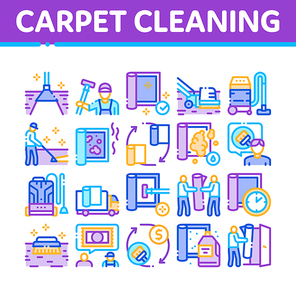Carpet Cleaning Washing Service Icons Set Vector. Dusty And Dirty Carpet And Floor Vacuum Cleaner Equipment, Brush And Broom Concept Linear Pictograms. Color Illustrations