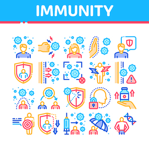 Immunity Human Biological Defense Icons Set Vector. Protective Bacterias, Syringe And Shield, Vitamin And Healthcare Pills For Immunity Concept Linear Pictograms. Color Illustrations