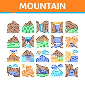 Mountain Landscape Collection Icons Set Vector. Forest And Camping On Mountain, Volcano And Cave, City Buildings And Bridge Concept Linear Pictograms. Color Illustrations
