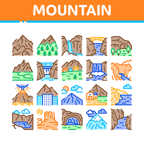 Mountain Landscape Collection Icons Set Vector. Forest And Camping On Mountain, Volcano And Cave, City Buildings And Bridge Concept Linear Pictograms. Color Illustrations